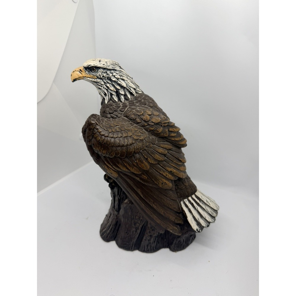 Realistic Bald Eagle on Tree Stump Handmade Wood Figurine Made in USA